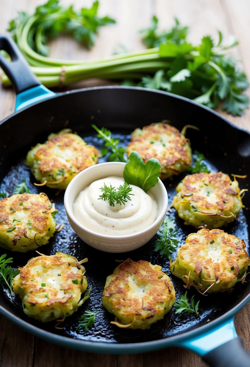 A sizzling skillet of golden-brown kohlrabi fritters surrounded by fresh herbs and a dollop of creamy dipping sauce