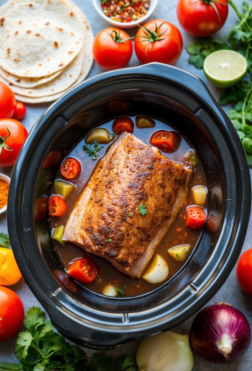 A pork shoulder simmering in a slow cooker surrounded by vibrant ingredients like tomatoes, onions, and spices, ready to be transformed into delicious tacos