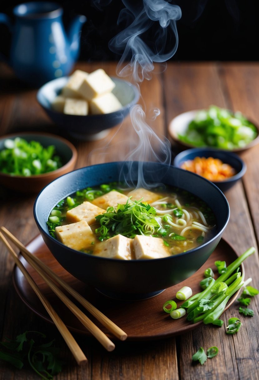 A steaming bowl of ginger scallion tofu ramen surrounded by fresh ingredients and chopsticks on a wooden table