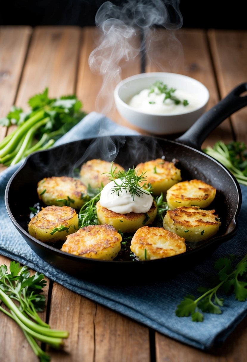 A sizzling skillet of golden kohlrabi and potato latkes, steam rising, surrounded by fresh herbs and a dollop of sour cream