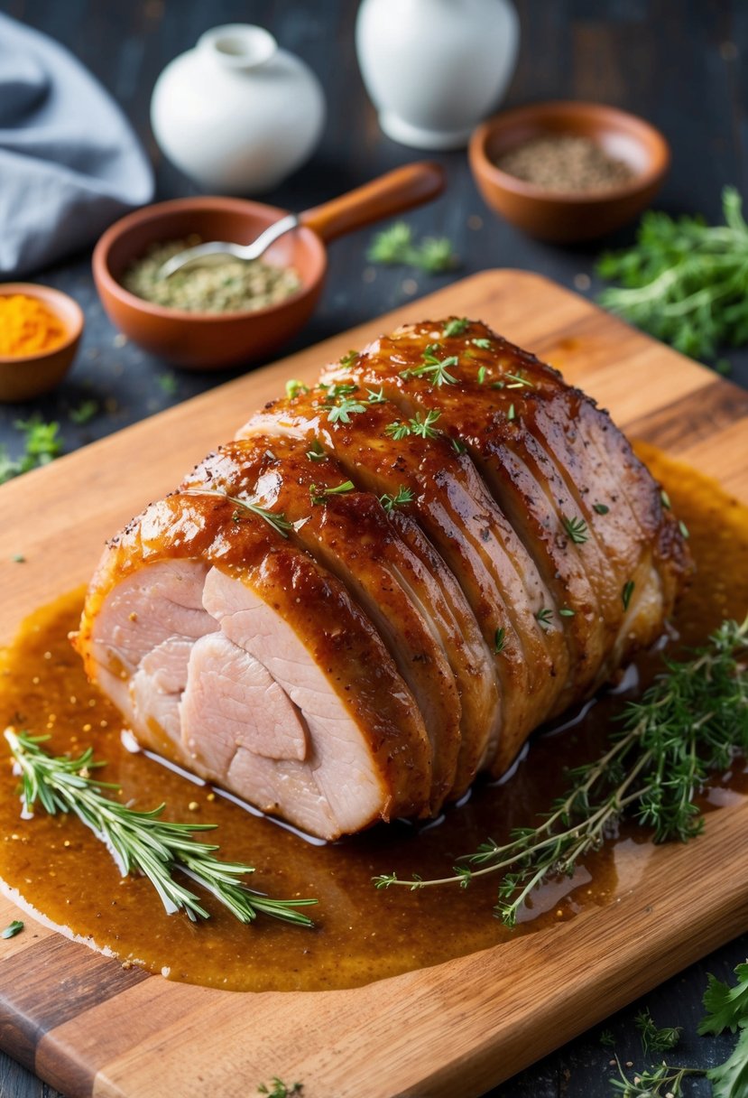 A succulent pork shoulder roast sizzling in a caramelized glaze, surrounded by aromatic herbs and spices on a rustic wooden cutting board