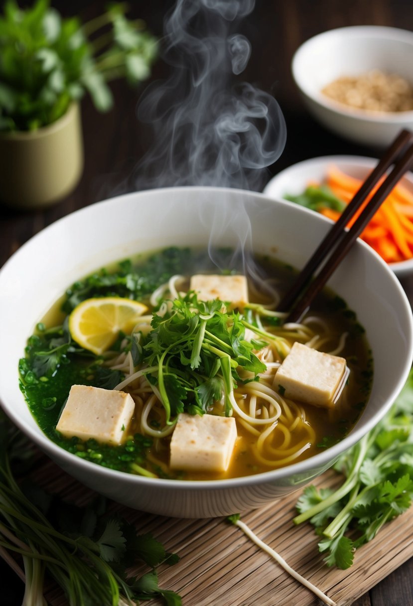 A steaming bowl of Lemongrass Tofu Ramen with chopsticks resting on the side, surrounded by fresh herbs and colorful vegetables