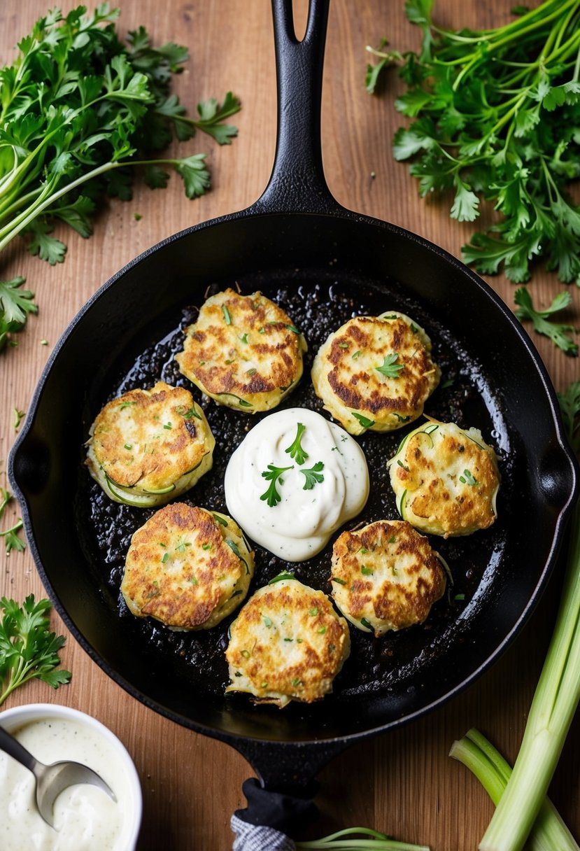 A sizzling skillet with golden-brown zucchini and kohlrabi fritters, surrounded by fresh herbs and a dollop of creamy dipping sauce