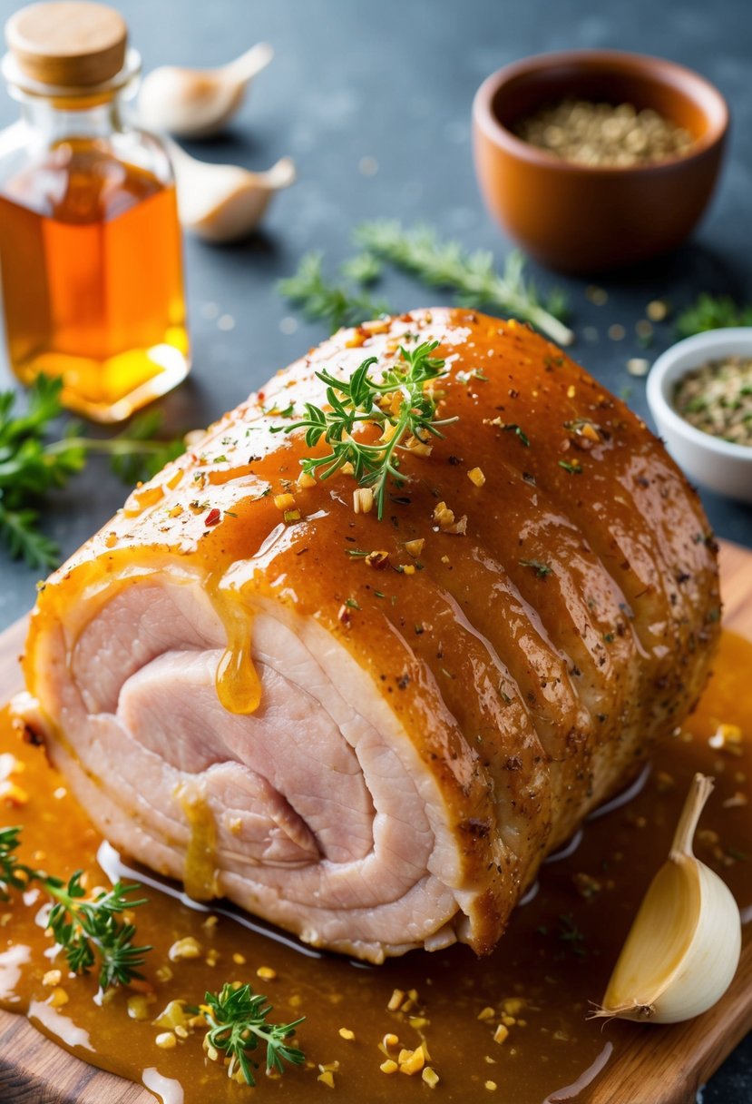 A pork shoulder covered in a shiny glaze of honey and garlic, surrounded by aromatic herbs and spices