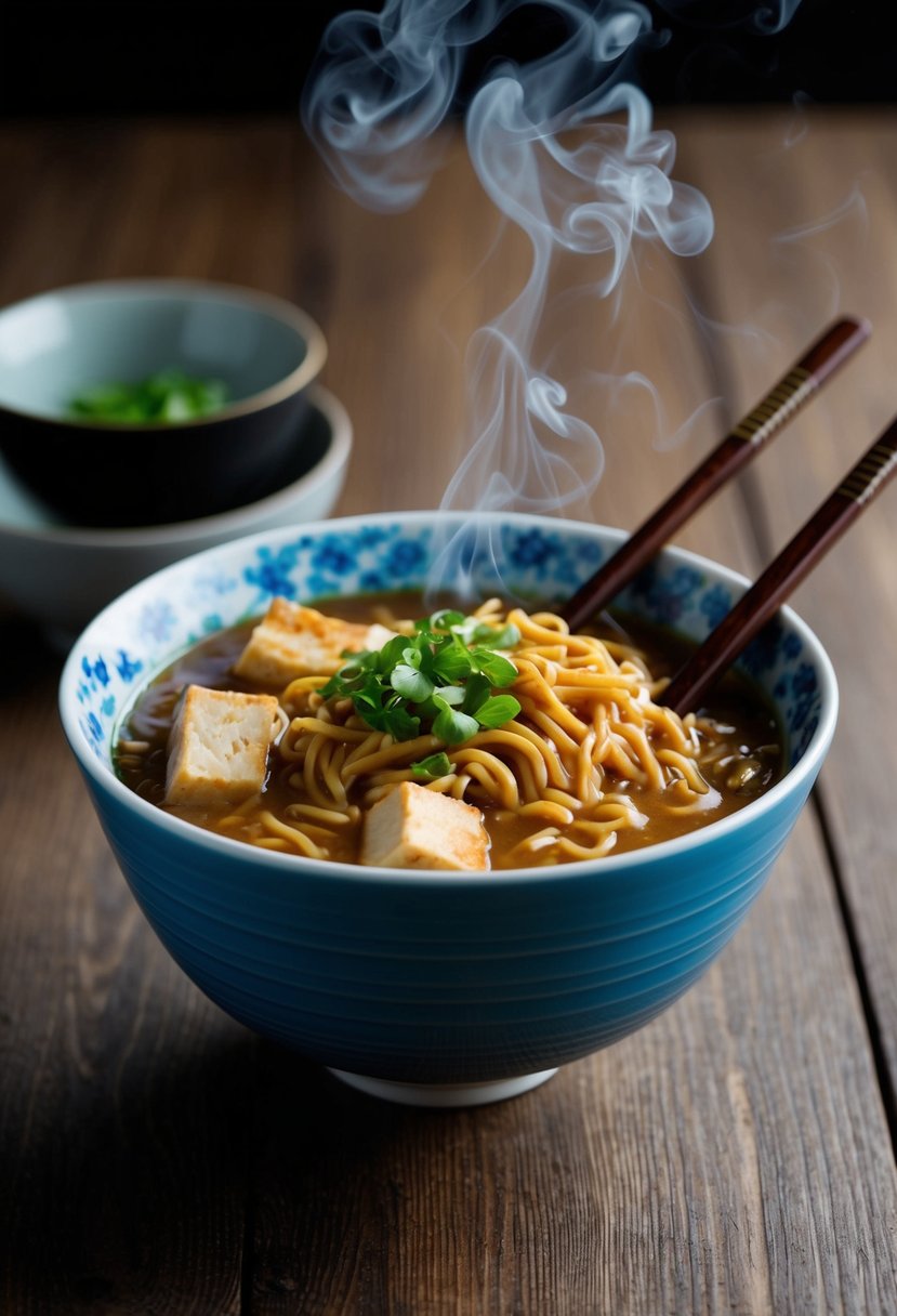 A steaming bowl of peanut butter tofu ramen noodles with chopsticks resting on the side