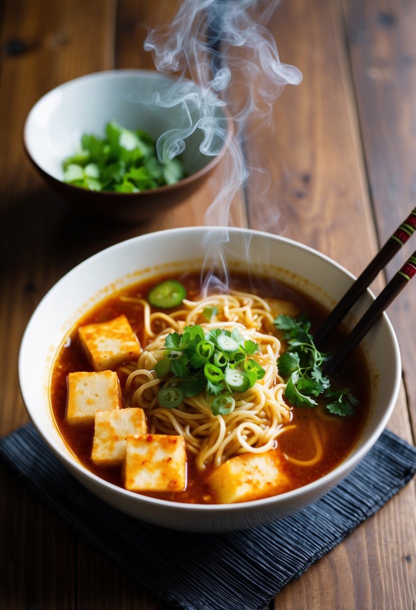 A steaming bowl of Sriracha honey tofu ramen with chopsticks and a spoon on a wooden table