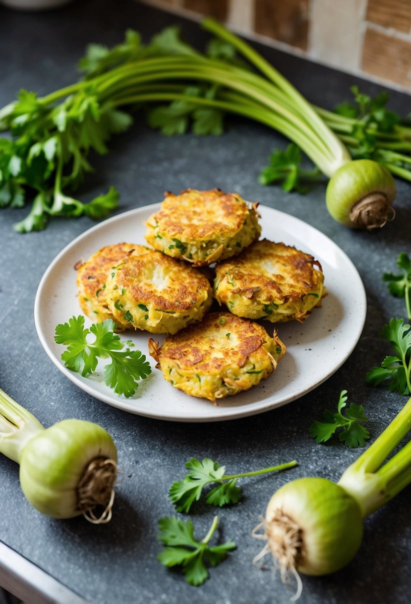 A rustic kitchen counter with a plate of golden brown curried kohlrabi fritters surrounded by fresh kohlrabi bulbs and vibrant green herbs