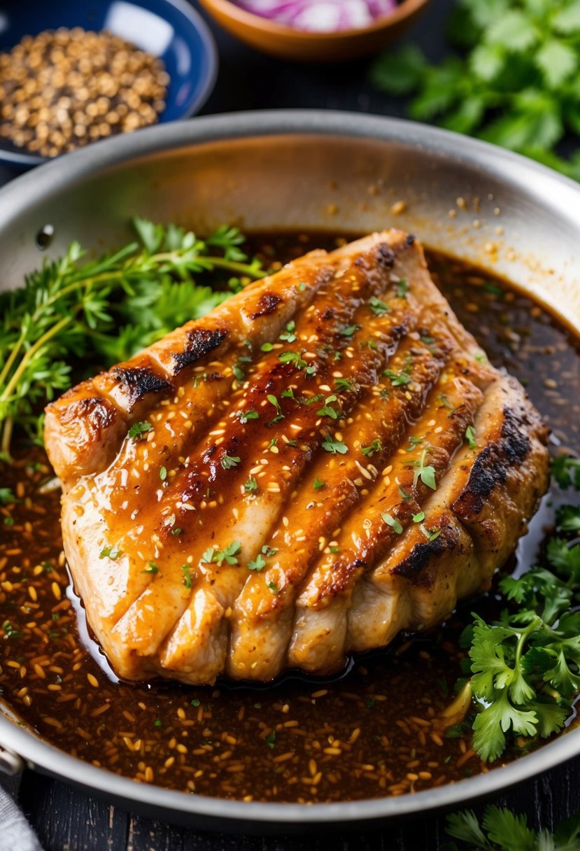 A sizzling pork shoulder marinating in a rich Asian soy sauce, surrounded by fresh herbs and spices