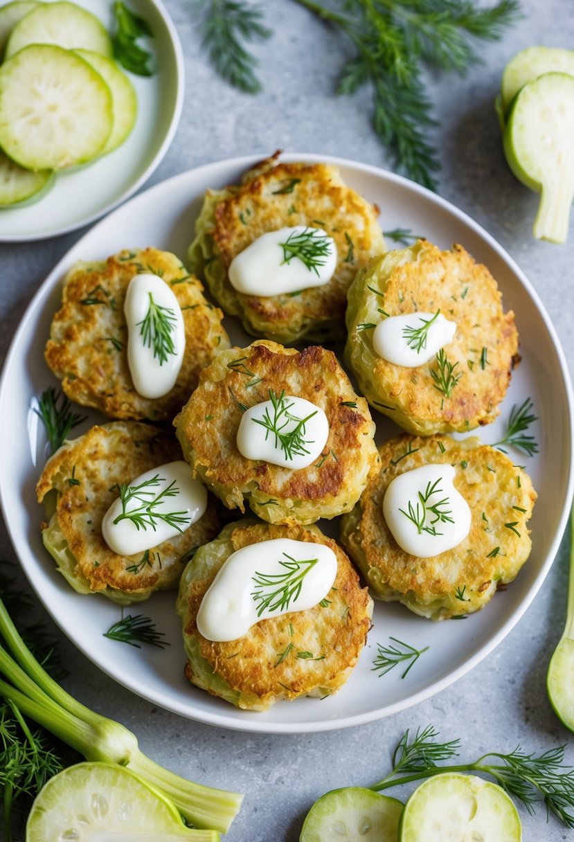 A plate of golden kohlrabi fritters drizzled with dill yogurt, surrounded by fresh dill sprigs and slices of kohlrabi