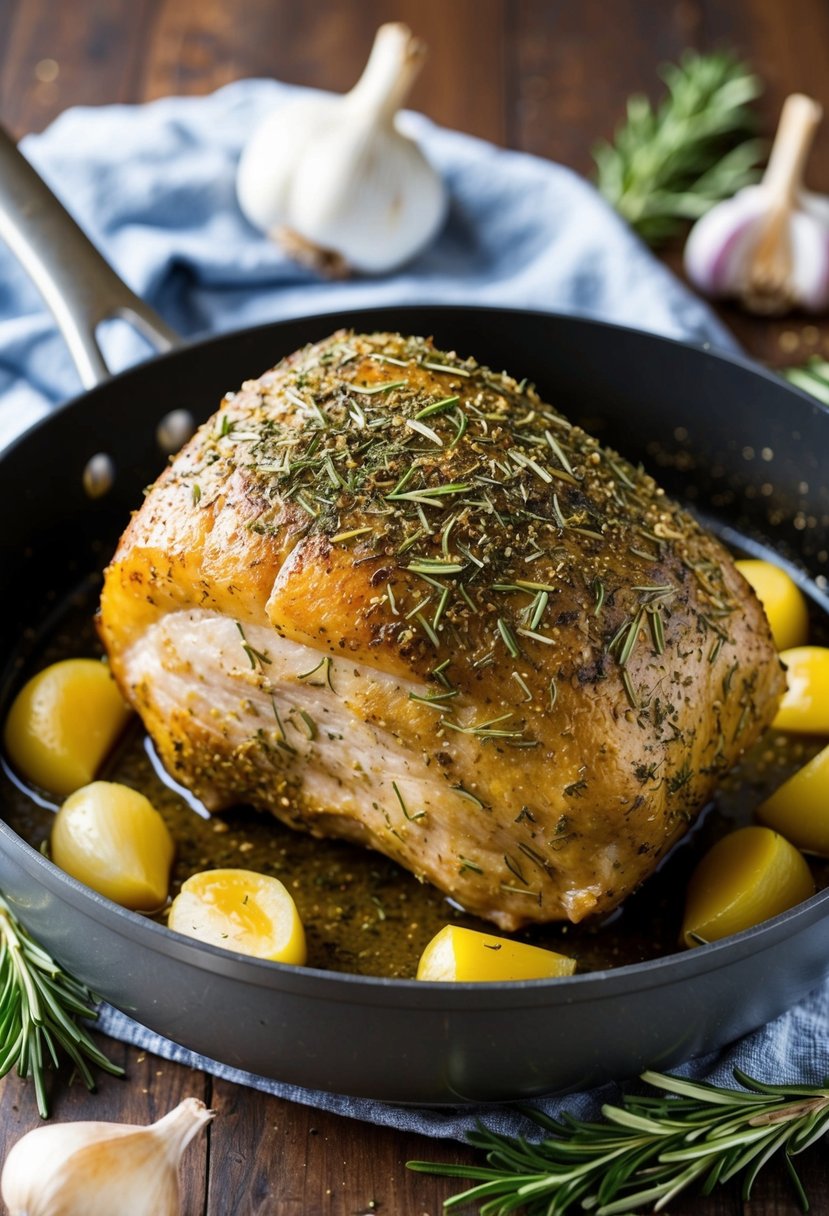 A golden-brown pork shoulder, coated in Italian herbs, sizzling in a roasting pan surrounded by garlic cloves and rosemary sprigs