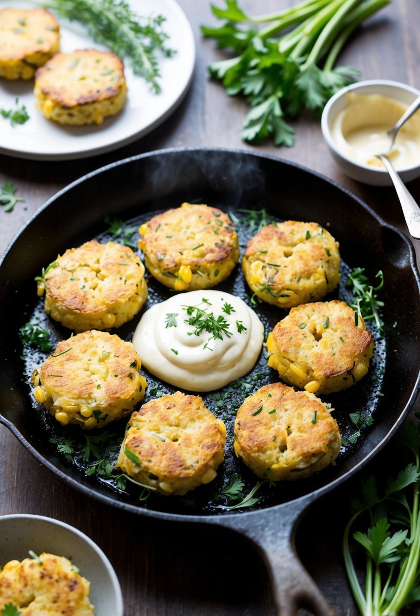 A sizzling skillet of golden herbed kohlrabi and cornmeal fritters, surrounded by fresh herbs and a dollop of creamy dipping sauce