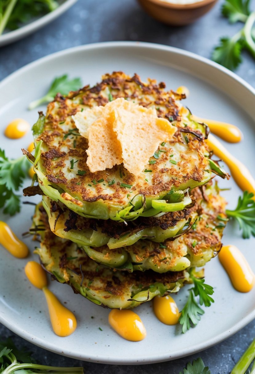 A plate of golden brown kohlrabi fritters topped with crispy parmesan crisps, surrounded by fresh herbs and a drizzle of sauce