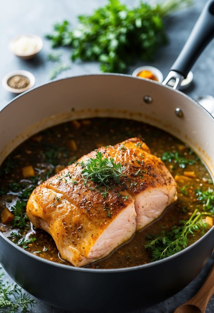 A sizzling pork shoulder simmers in a large pot, surrounded by aromatic herbs and spices