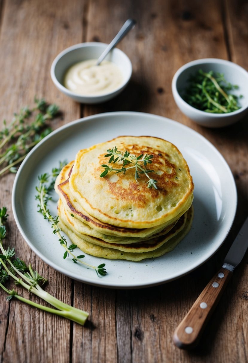 A rustic kitchen table with a plate of golden brown thyme and kohlrabi pancakes, accompanied by a small dish of dipping sauce