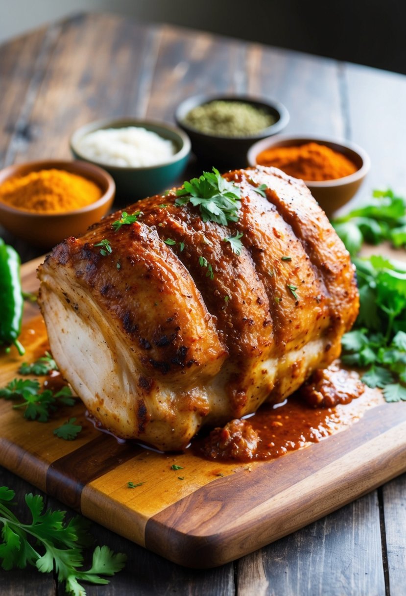 A sizzling pork shoulder covered in smoky chipotle sauce, surrounded by colorful spices and herbs on a wooden cutting board