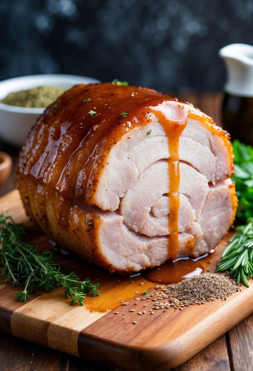 A juicy pork shoulder coated in a glossy maple glaze, surrounded by fresh herbs and spices on a wooden cutting board