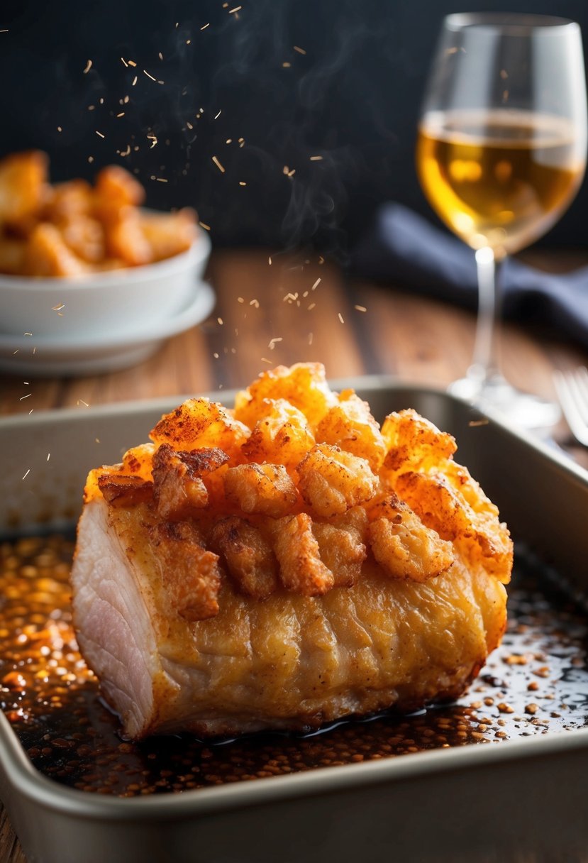 A golden, crispy pork shoulder crackling sizzling on a roasting tray