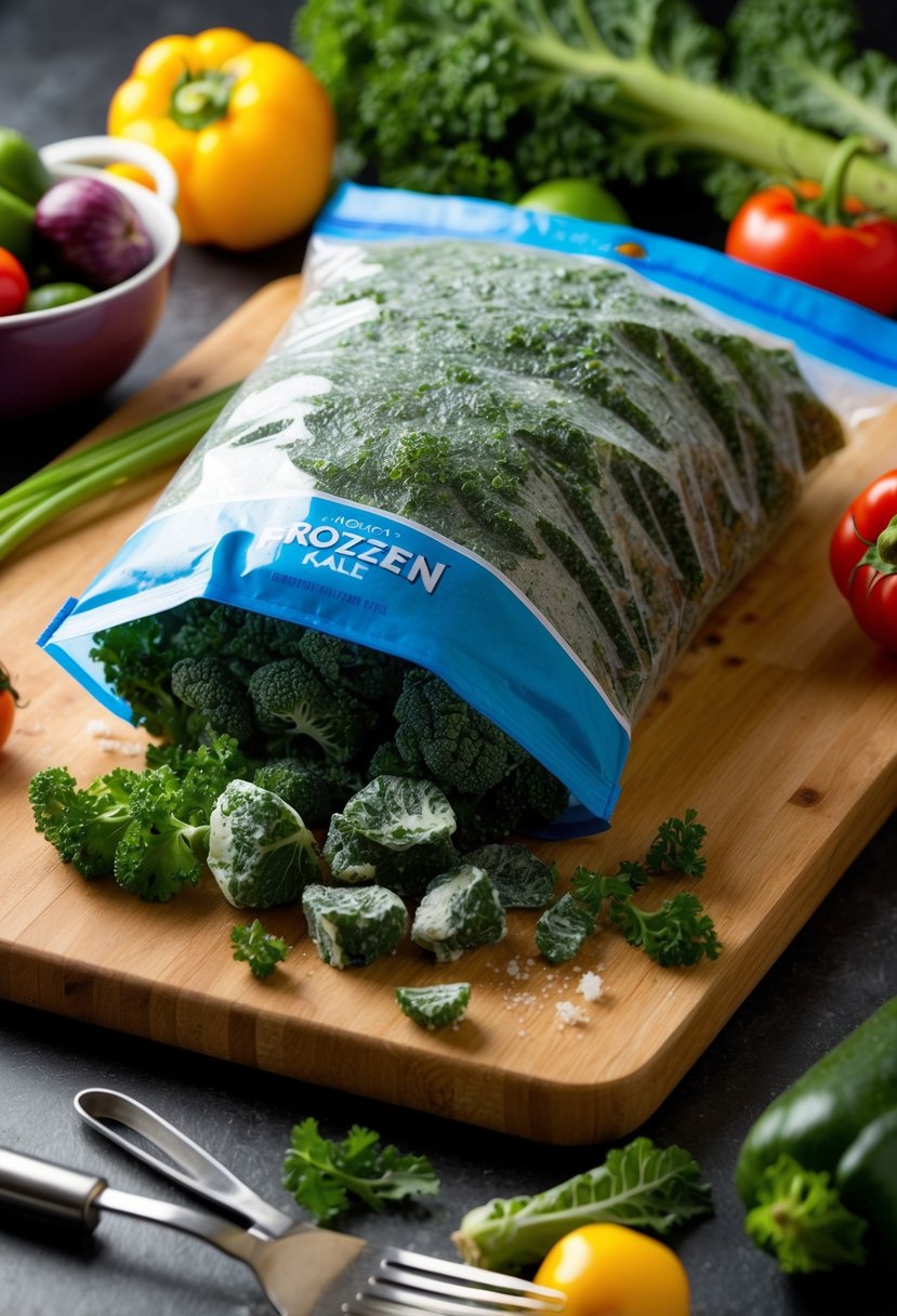 A bag of frozen kale spills onto a cutting board, surrounded by colorful vegetables and a variety of cooking utensils