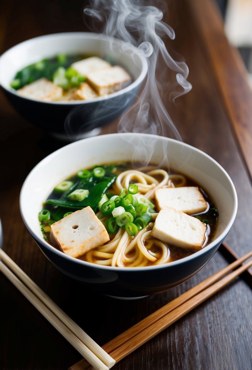 A steaming bowl of udon tofu ramen, garnished with green onions and slices of tofu, sits on a wooden table with chopsticks beside it