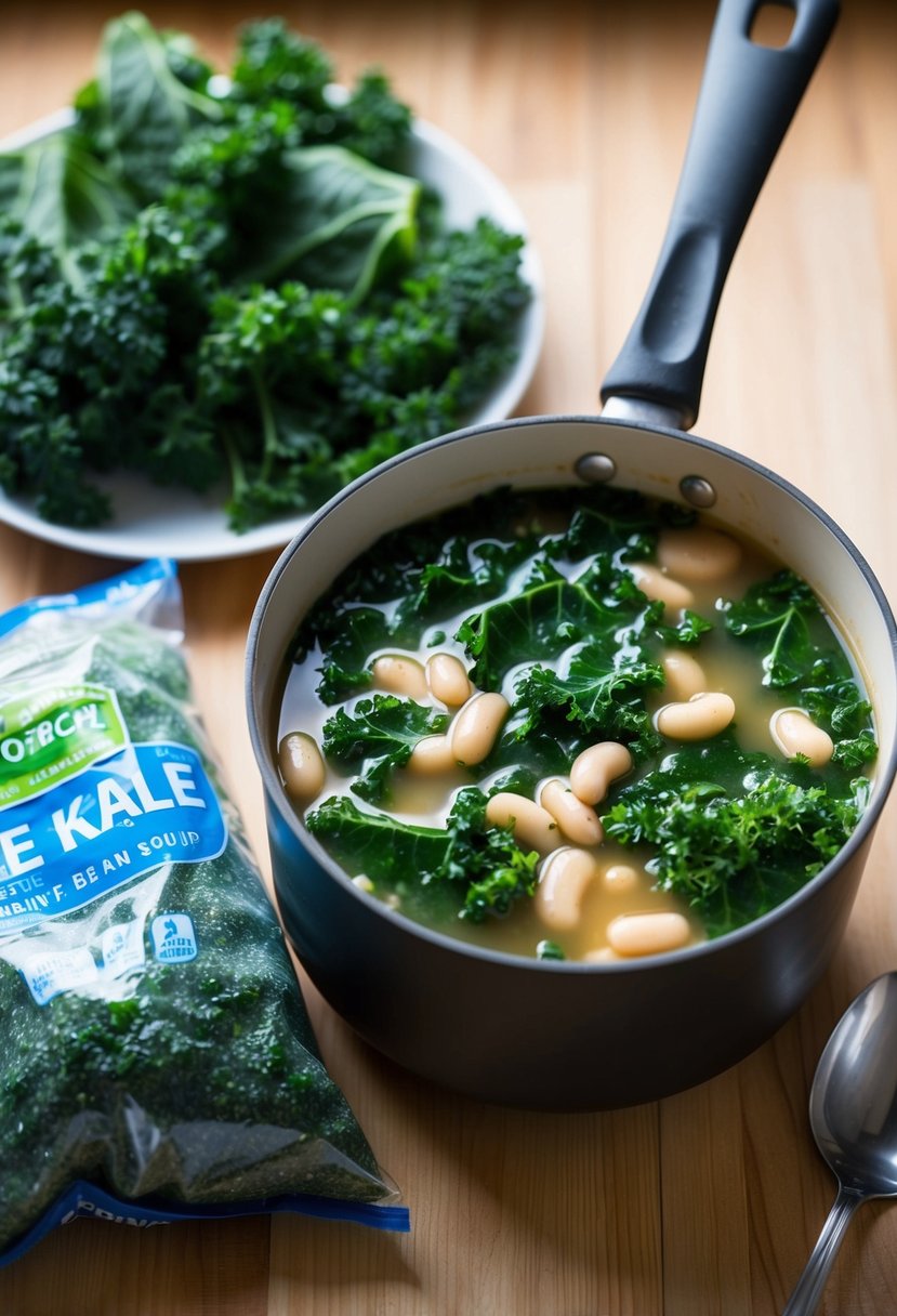 A pot of simmering kale and white bean soup with a bag of frozen kale next to it