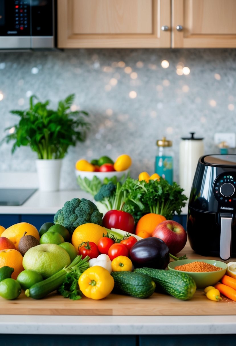 A colorful array of fresh fruits and vegetables arranged on a kitchen counter, alongside an air fryer and various seasonings