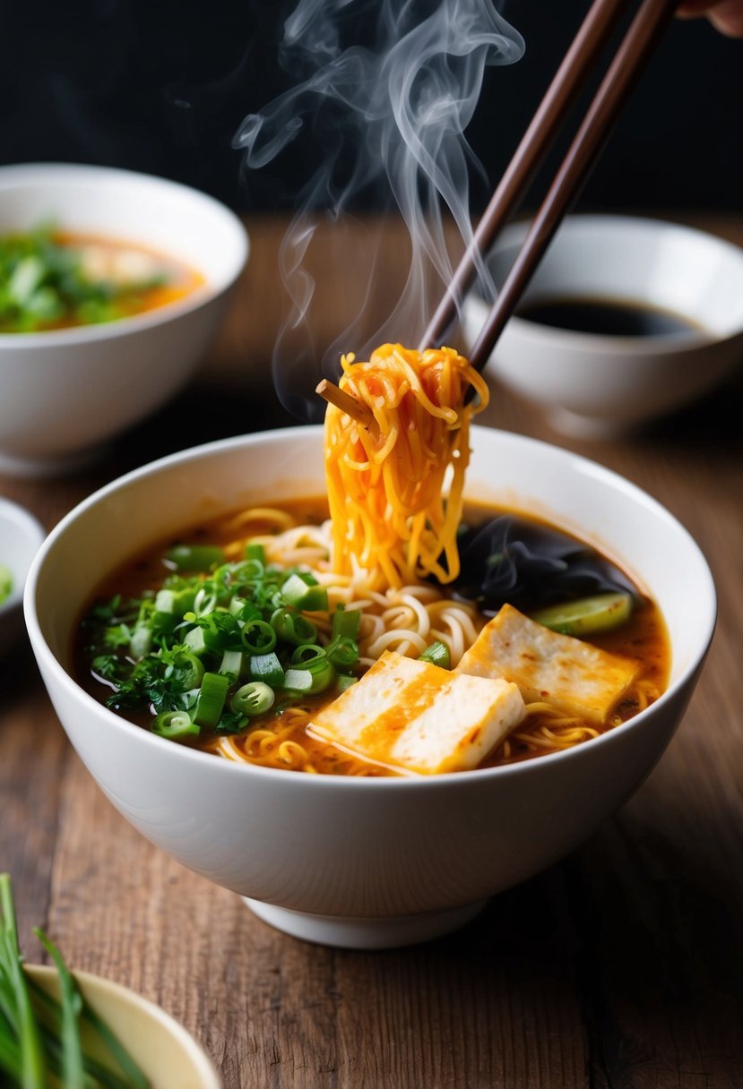 A steaming bowl of vegan kimchi tofu ramen with chopsticks