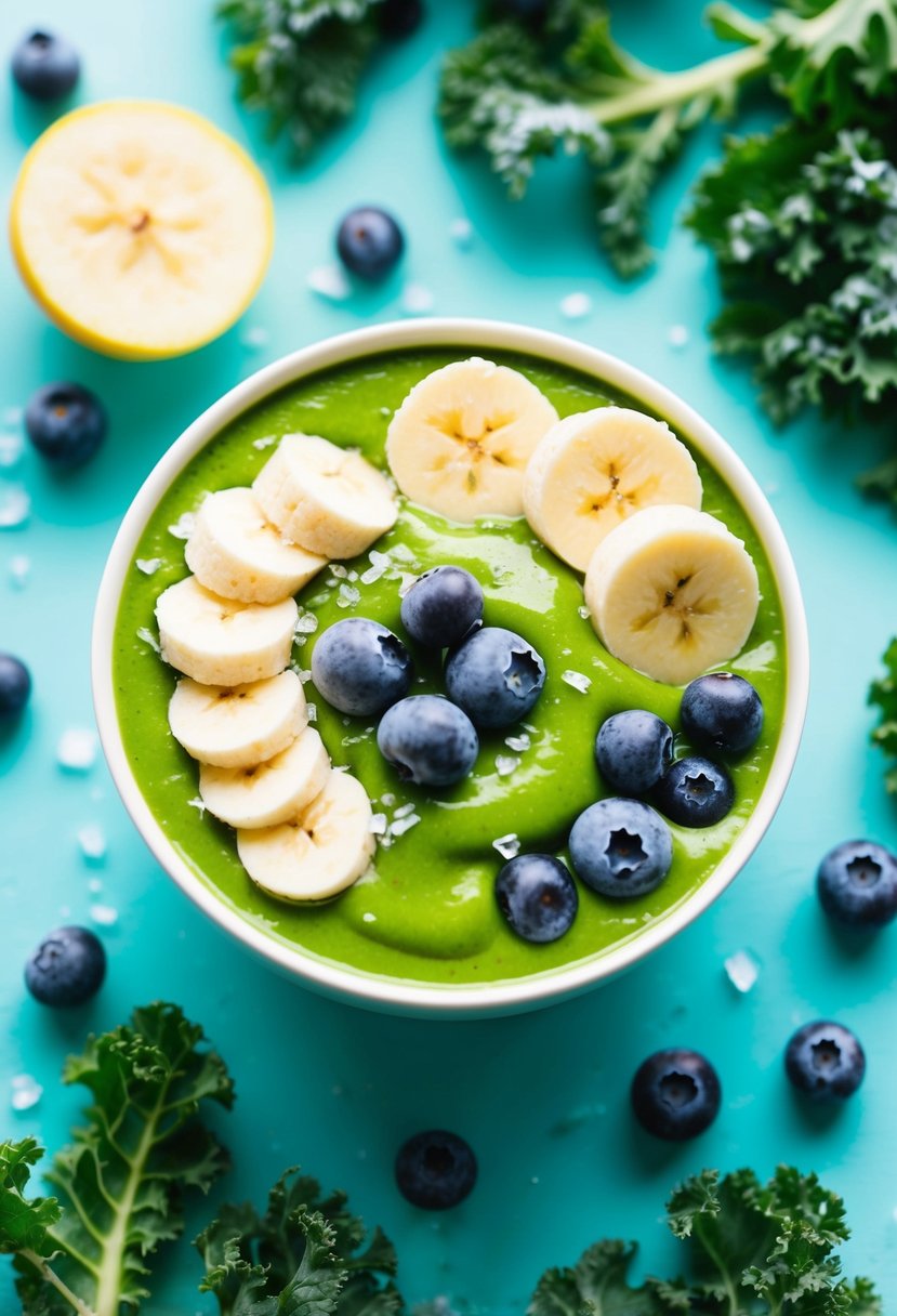 A vibrant green smoothie bowl topped with frozen berries and sliced bananas, surrounded by scattered frozen kale leaves