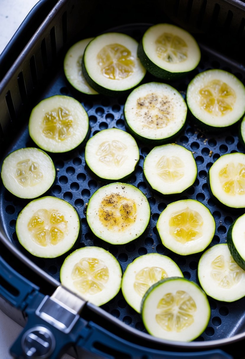 Fresh zucchinis sliced into thin rounds, arranged on an air fryer tray. A light coating of olive oil and seasonings sprinkled on top before being placed into the air fryer