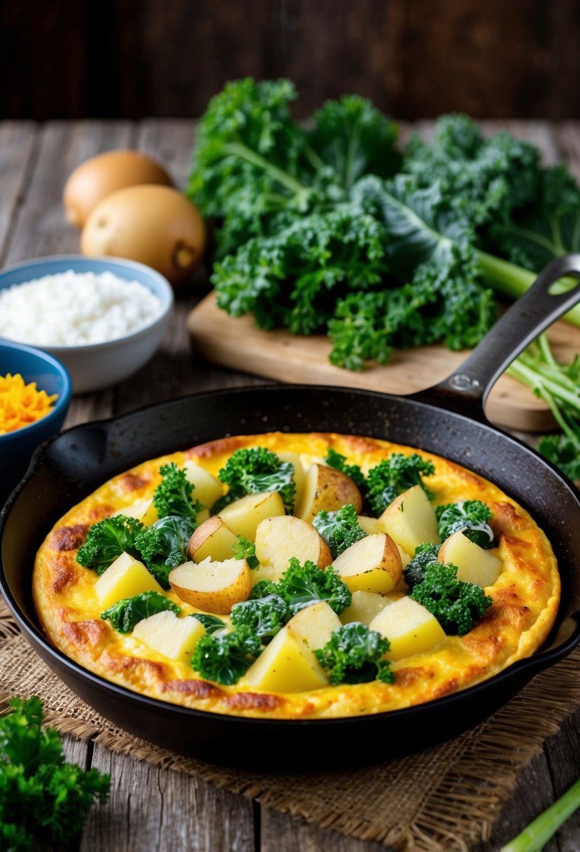 A sizzling skillet with a golden-brown frittata filled with chunks of potato and vibrant green frozen kale, surrounded by fresh ingredients on a rustic wooden table