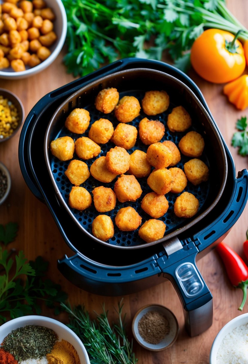 Golden chickpea nuggets sizzling in an air fryer, surrounded by a variety of colorful and nutritious ingredients like herbs, spices, and fresh vegetables