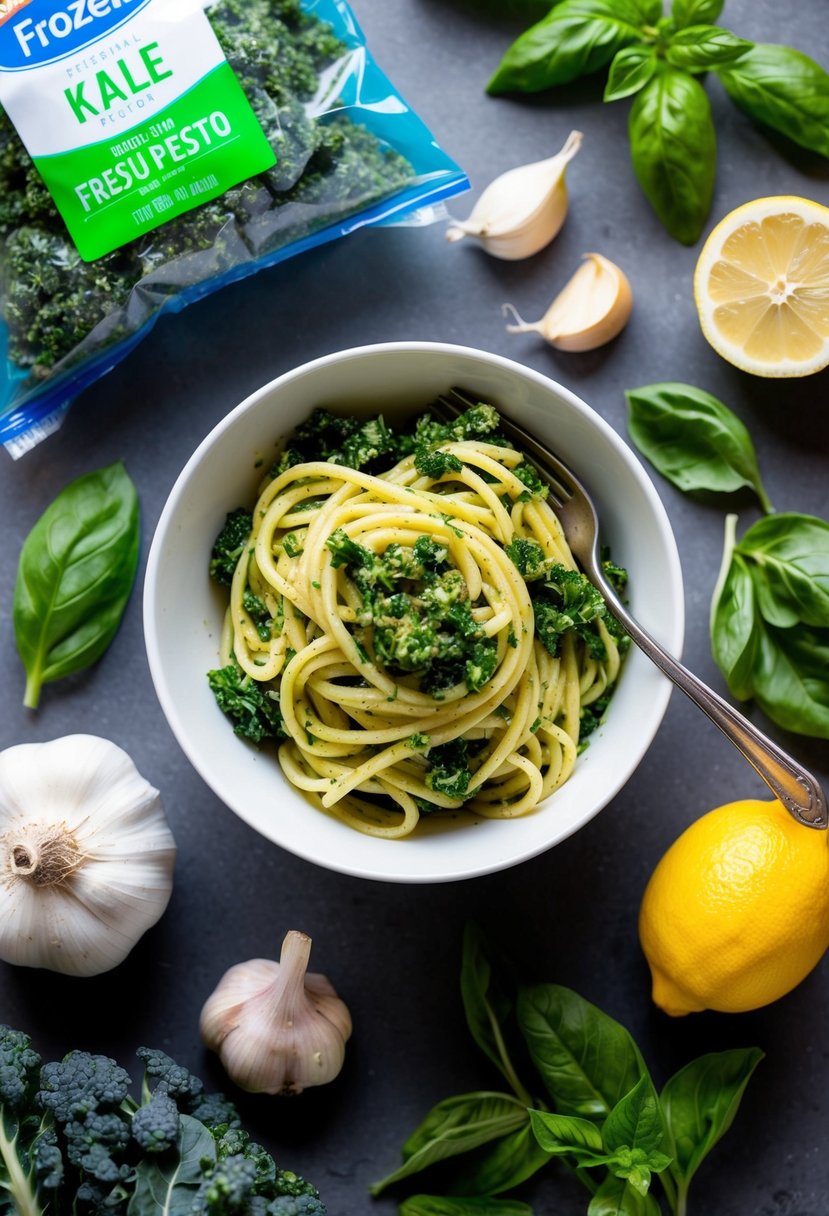 A bowl of kale pesto pasta surrounded by various ingredients, including a bag of frozen kale, a bunch of fresh basil, garlic cloves, and a lemon