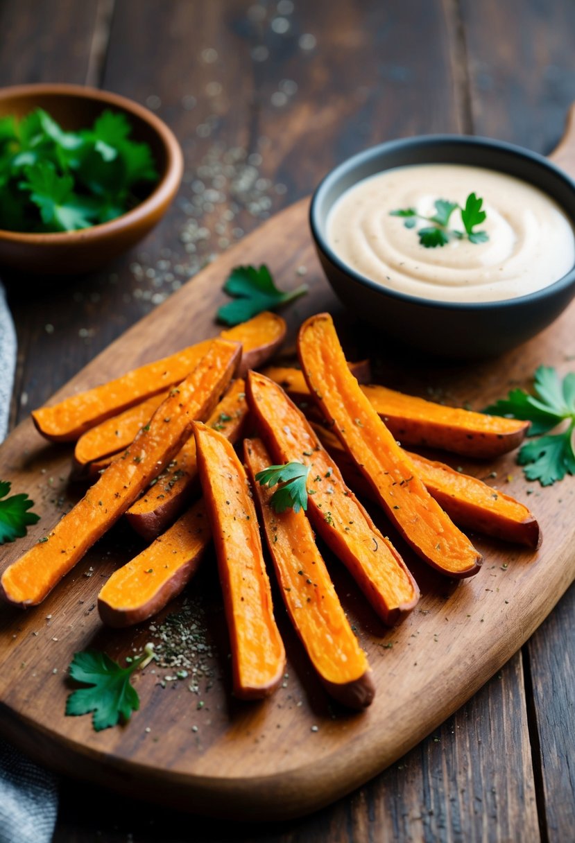 Freshly cooked sweet potato fries arranged on a rustic wooden board with a side of dipping sauce. A light drizzle of seasoning and a sprinkle of parsley adds a pop of color