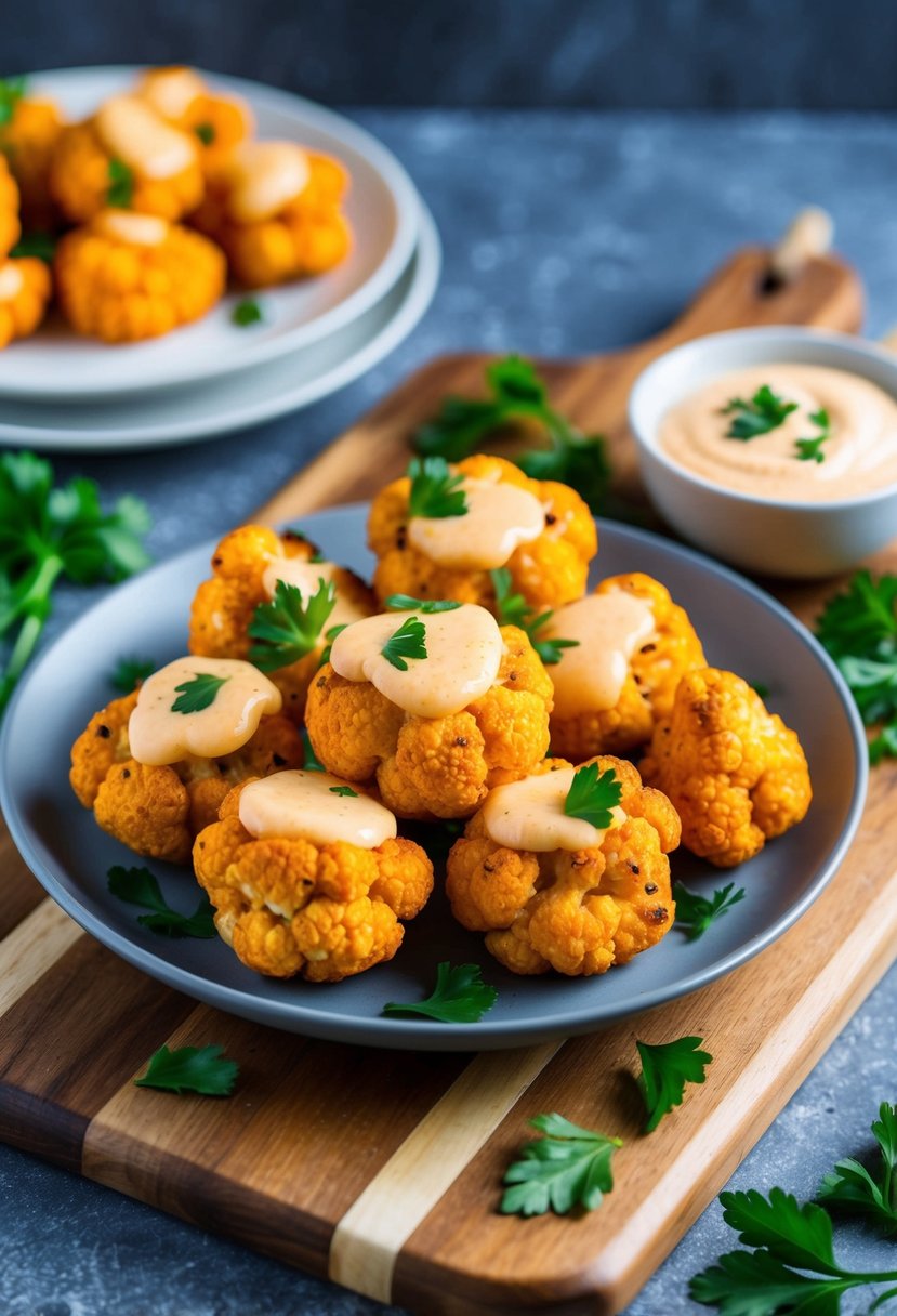 A plate of golden brown buffalo cauliflower bites sits on a wooden cutting board, garnished with fresh parsley and served with a side of creamy dipping sauce