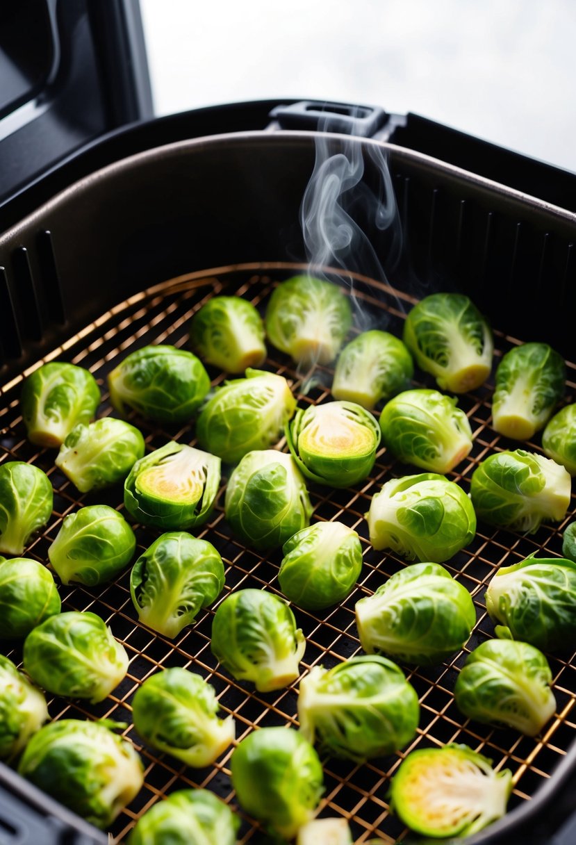 Fresh Brussels sprouts arranged on a wire rack in an air fryer, golden and crispy, with a hint of steam rising