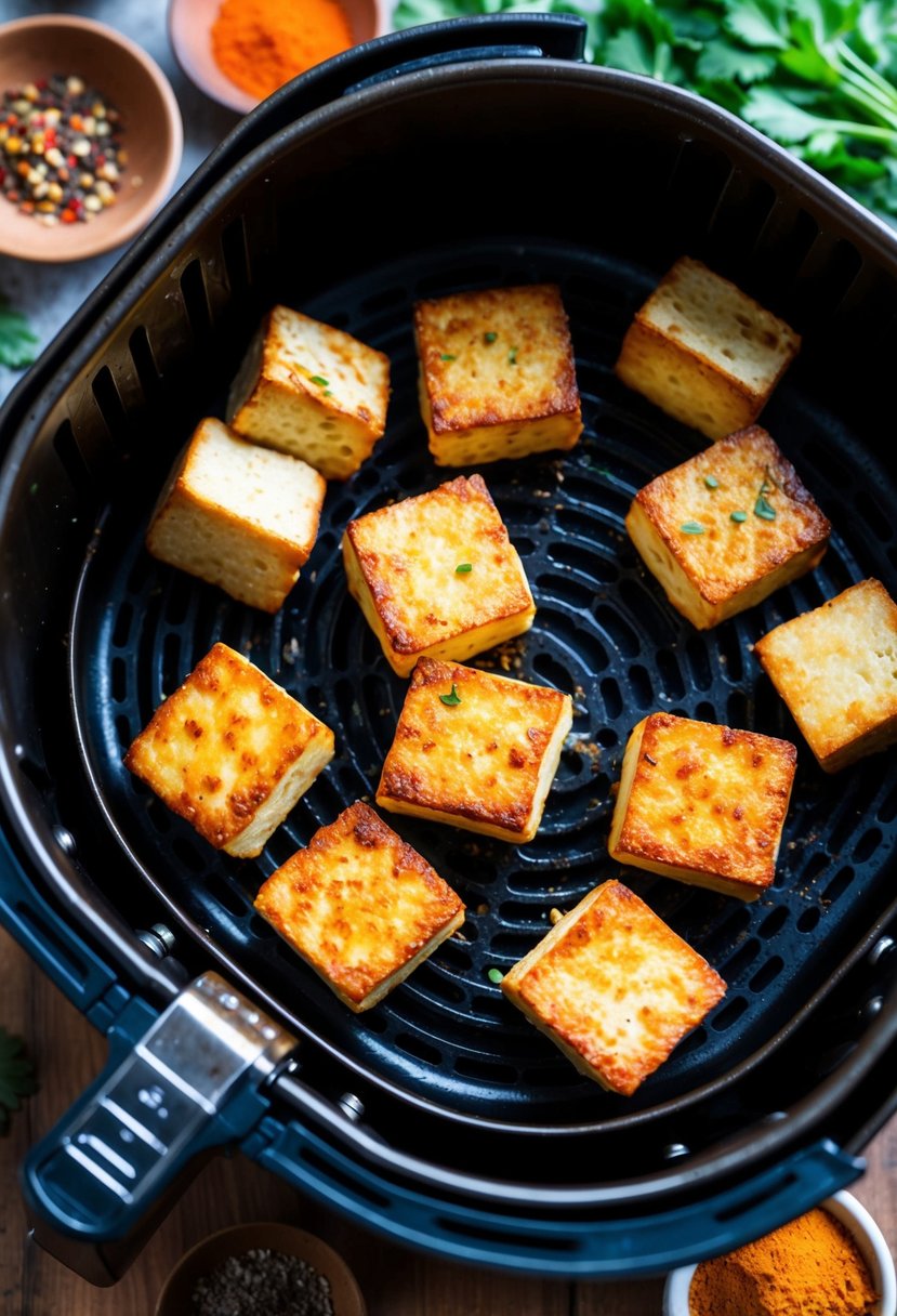 Golden brown tofu bites sizzling in the air fryer, surrounded by a variety of colorful spices and herbs