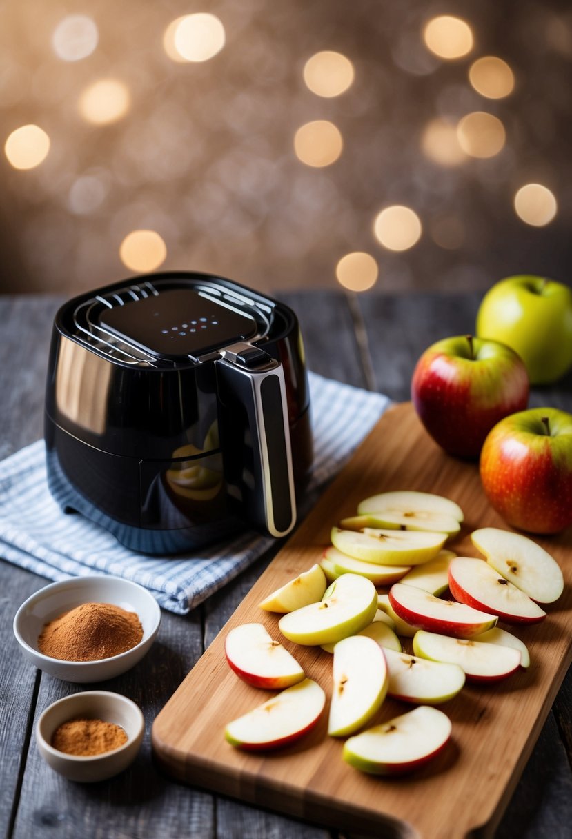 Sliced apples scattered on a wooden cutting board beside a bowl of cinnamon and a small air fryer