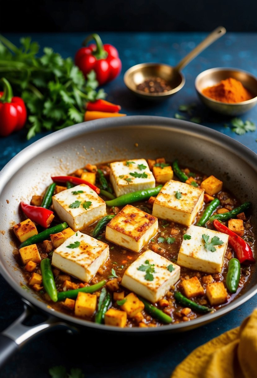 A sizzling pan of paneer chilli cooking with vibrant vegetables and aromatic spices