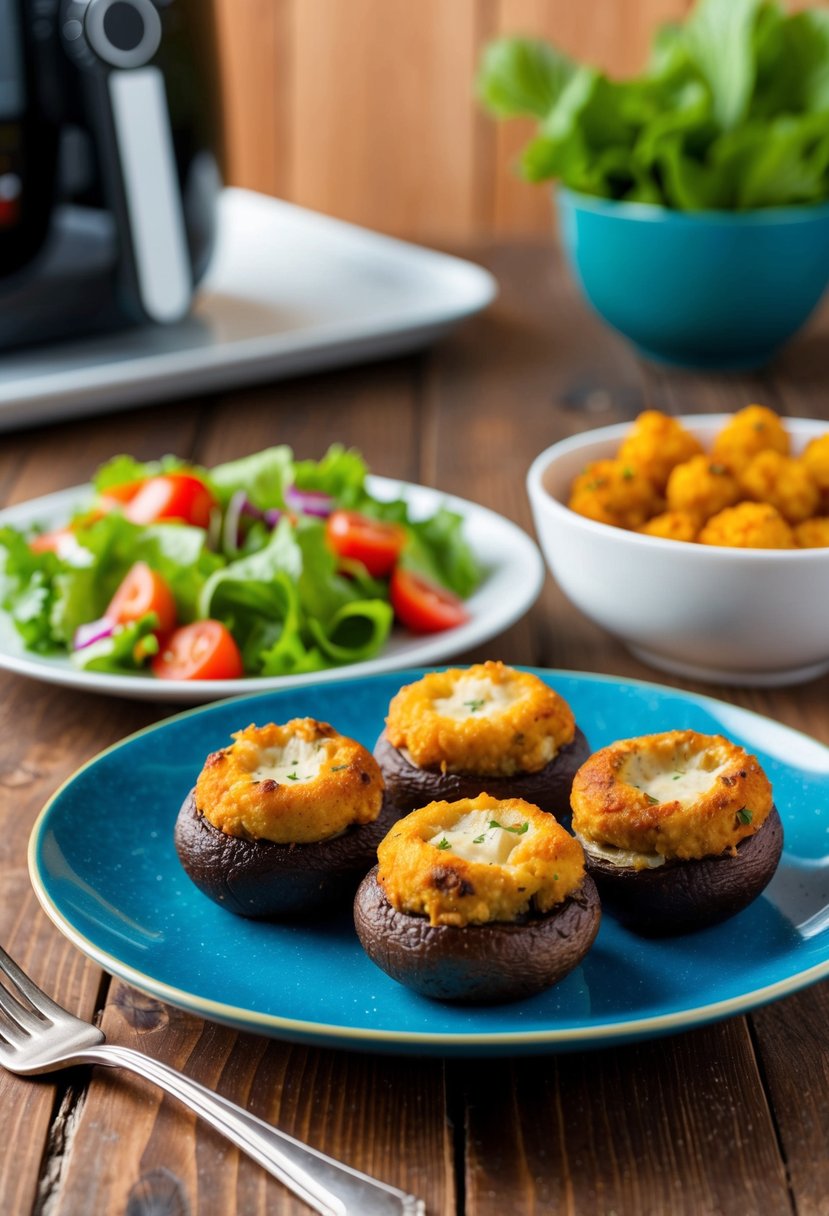 A plate of golden brown stuffed mushrooms sits next to a vibrant green salad on a wooden table, with an air fryer in the background