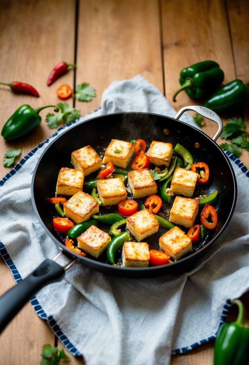 A sizzling pan of golden-brown paneer cubes, tossed with vibrant green peppers and red chili slices, emitting a mouthwatering aroma