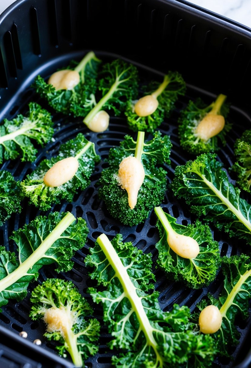 Fresh kale leaves coated in garlic and Parmesan, arranged on an air fryer tray