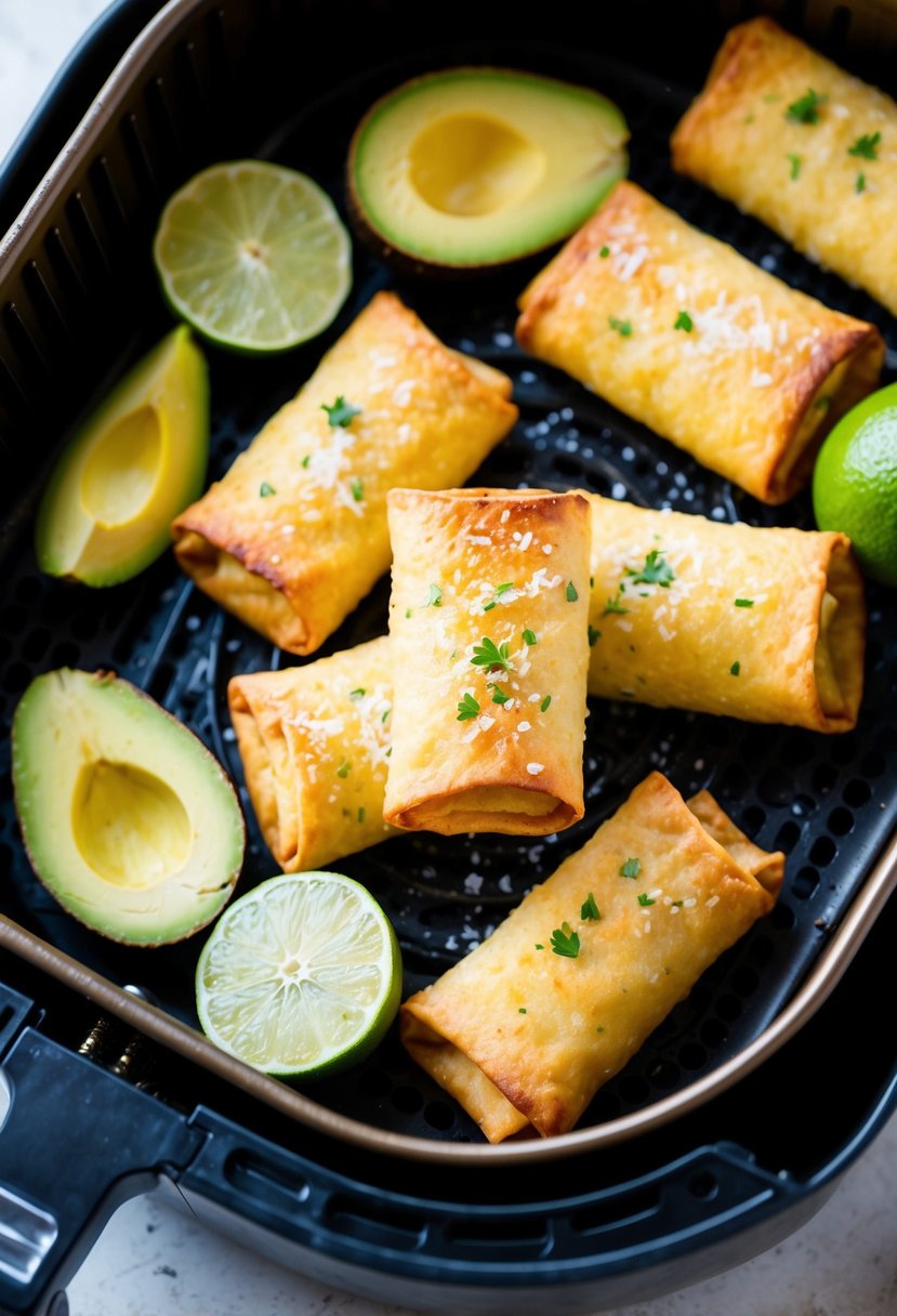 Golden avocado egg rolls sizzling in the air fryer, surrounded by fresh ingredients like ripe avocados, lime wedges, and a sprinkle of sea salt