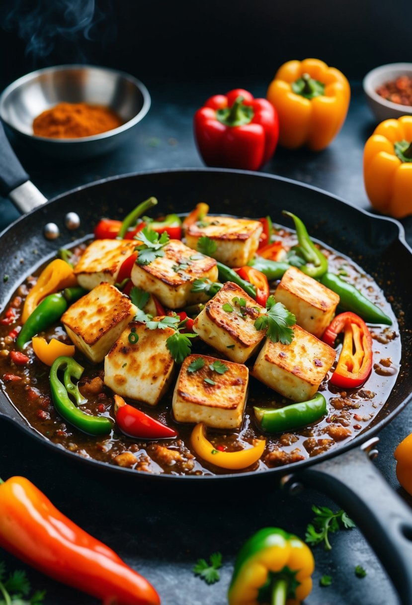 A sizzling platter of paneer chilli garnished with colorful bell peppers and aromatic spices