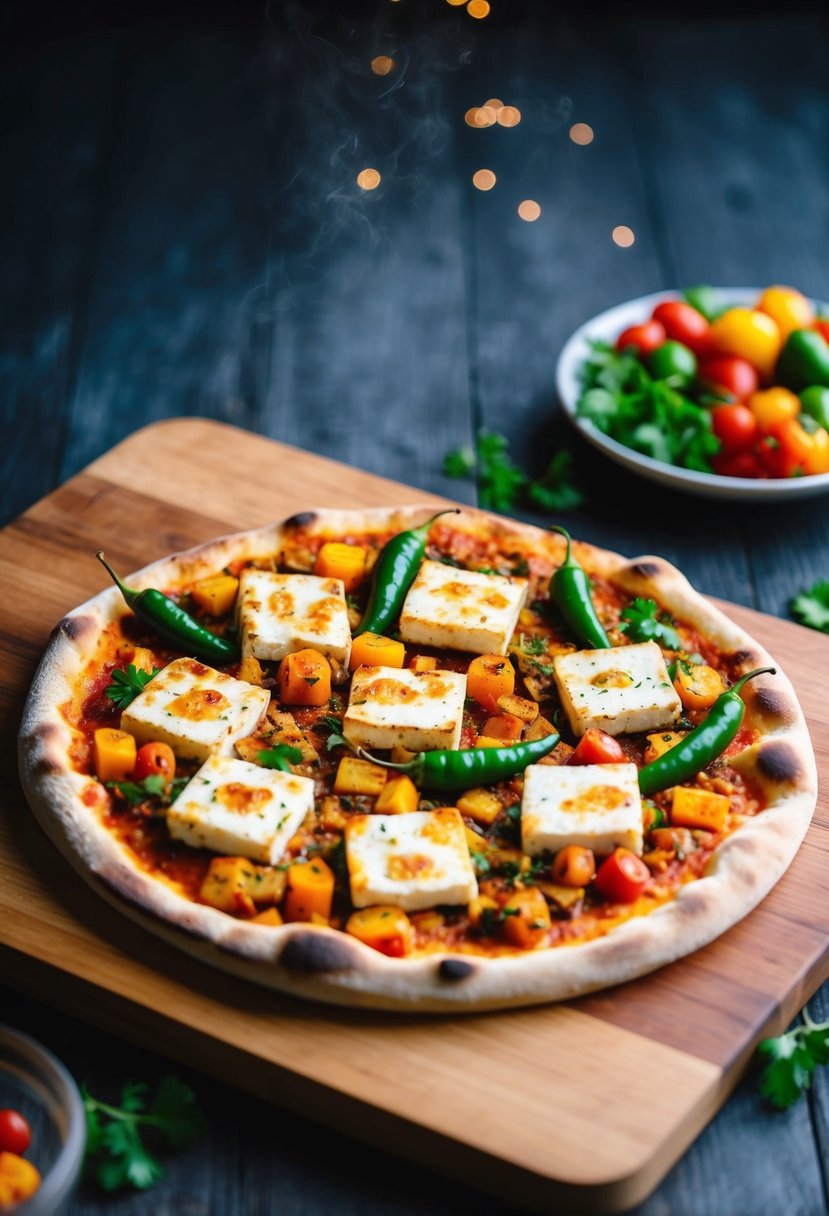 A sizzling pizza topped with spicy paneer, chillies, and colorful vegetables on a wooden board