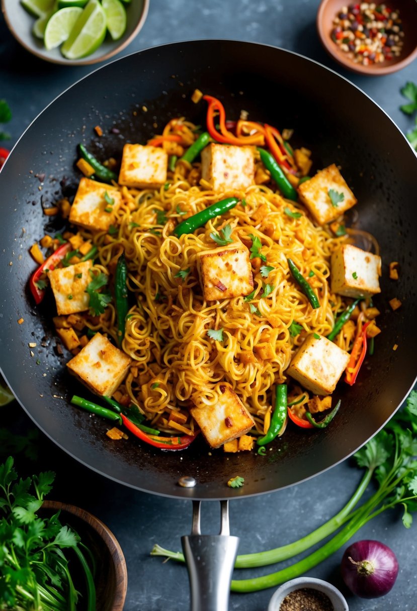 A sizzling wok filled with Paneer Chilli Noodles, surrounded by vibrant vegetables and aromatic spices