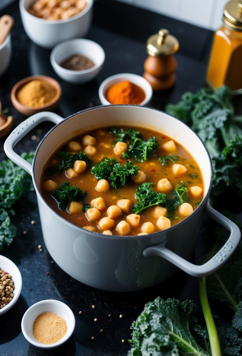 A pot of simmering stew with chickpeas and frozen kale, surrounded by various spices and ingredients on a kitchen counter