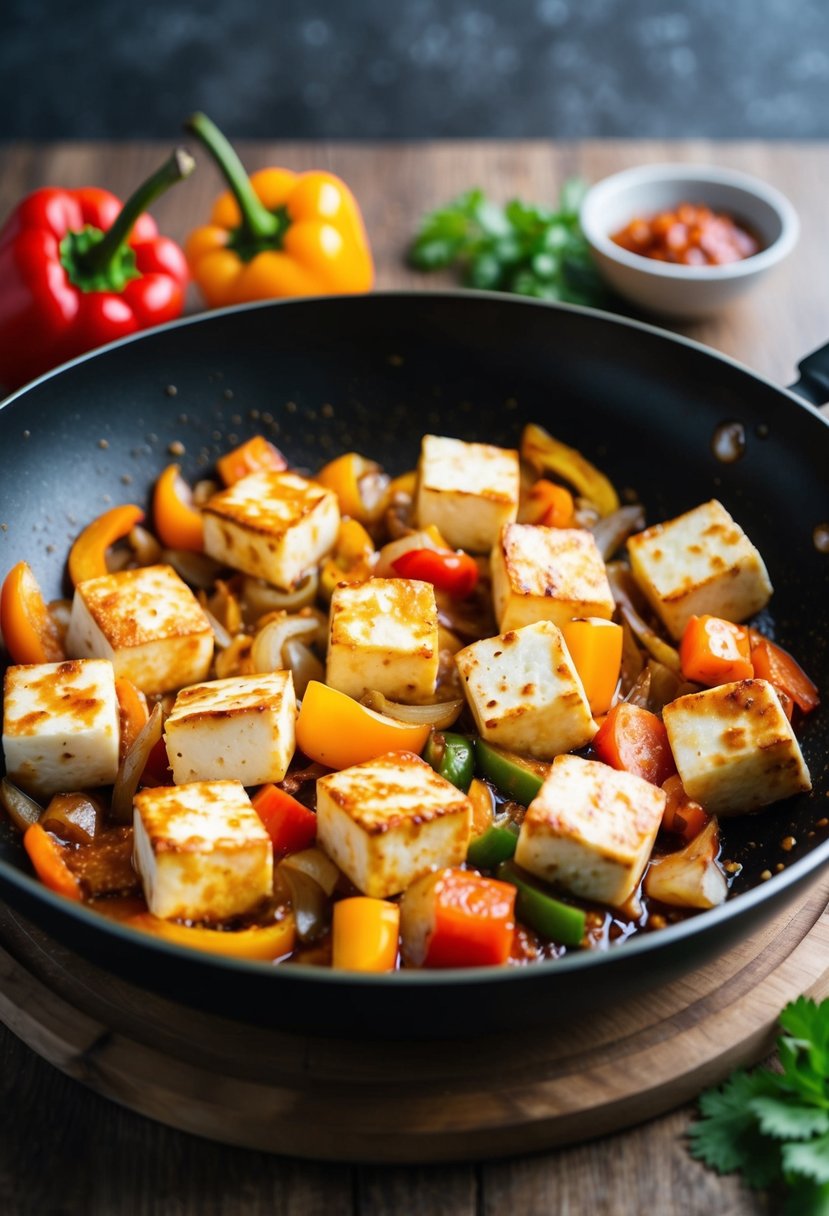 A sizzling pan of paneer cubes, stir-fried with vibrant bell peppers, onions, and spicy chili sauce