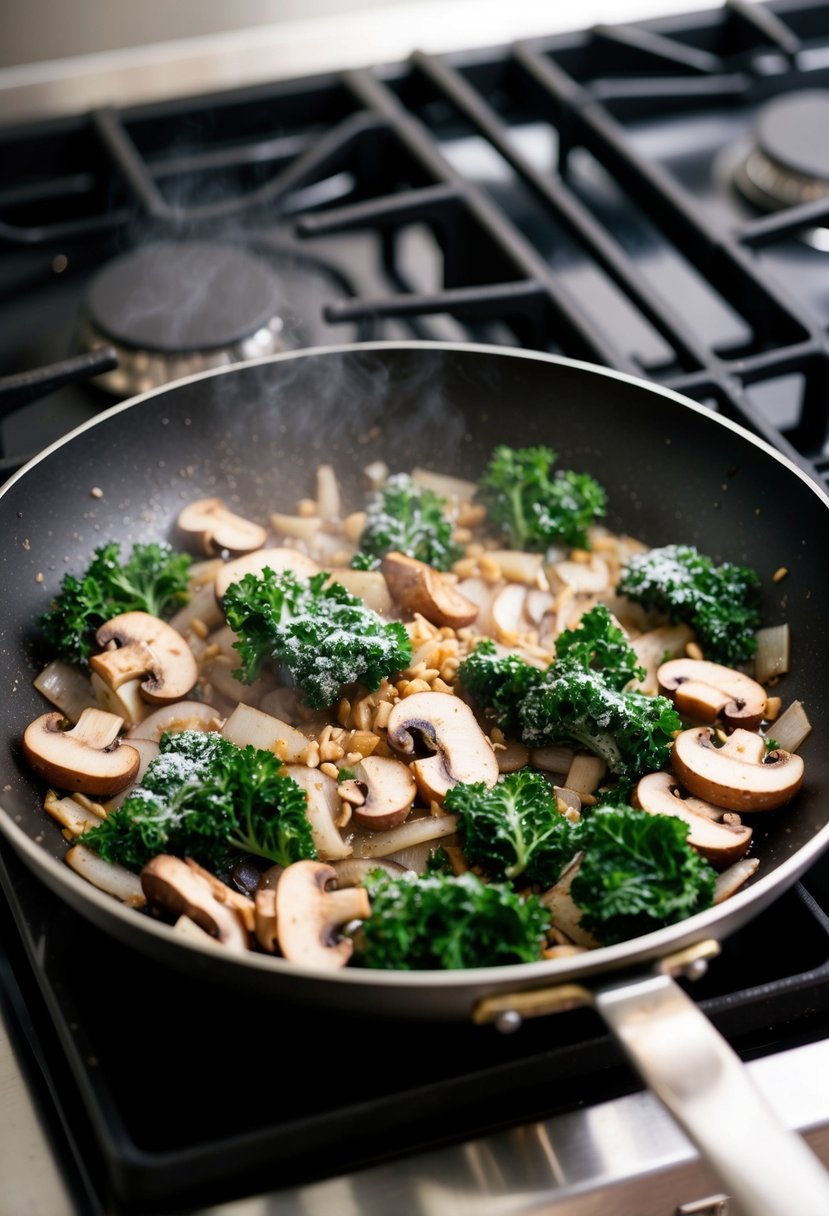 A sizzling pan with mushrooms, onions, and frozen kale being stir-fried over a hot stove