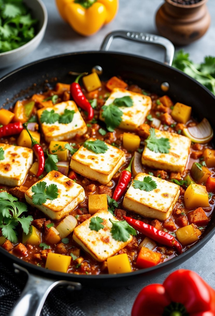 A sizzling pan of baked paneer chilli with colorful bell peppers and onions, garnished with fresh cilantro and red chili peppers