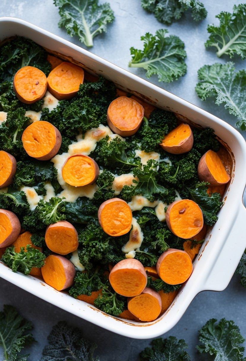 A colorful casserole dish filled with layers of baked kale, sweet potatoes, and a golden brown crust, surrounded by scattered frozen kale leaves