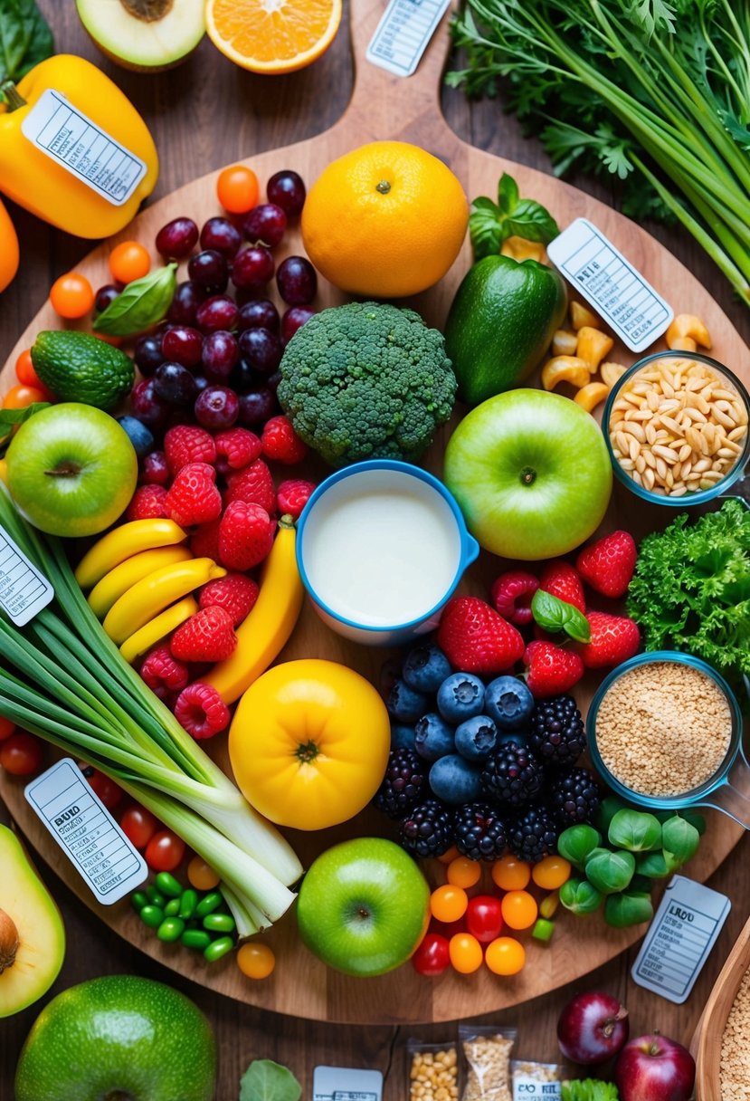 A colorful array of fresh fruits, vegetables, and whole grains arranged on a wooden cutting board with a measuring cup and nutrition labels